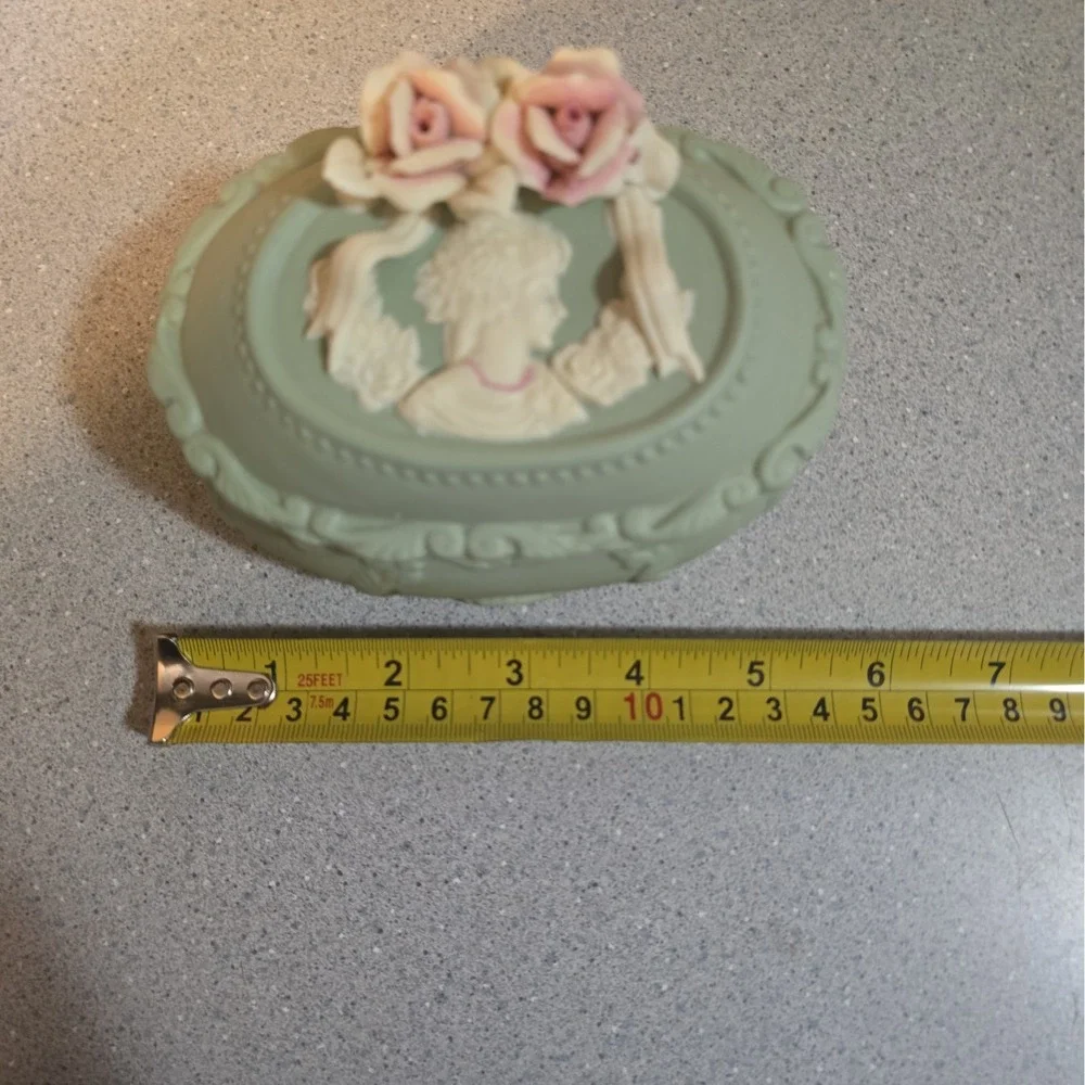Vintage Victorian Cameo Trinket Box, Sage Green And Ivory Matte, Vanity Decor